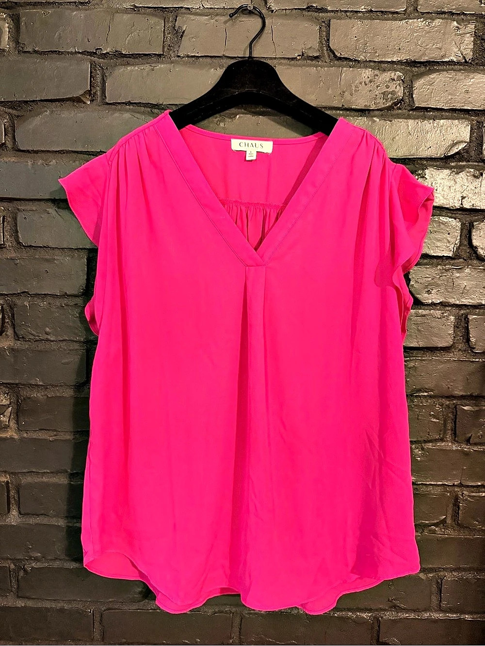 CHAUS Flutter Sleeve V-Neck Blouse Pink Size Large